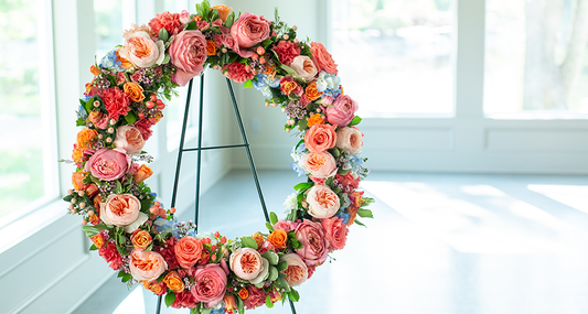 A large pink and orange flower wreath on an easel