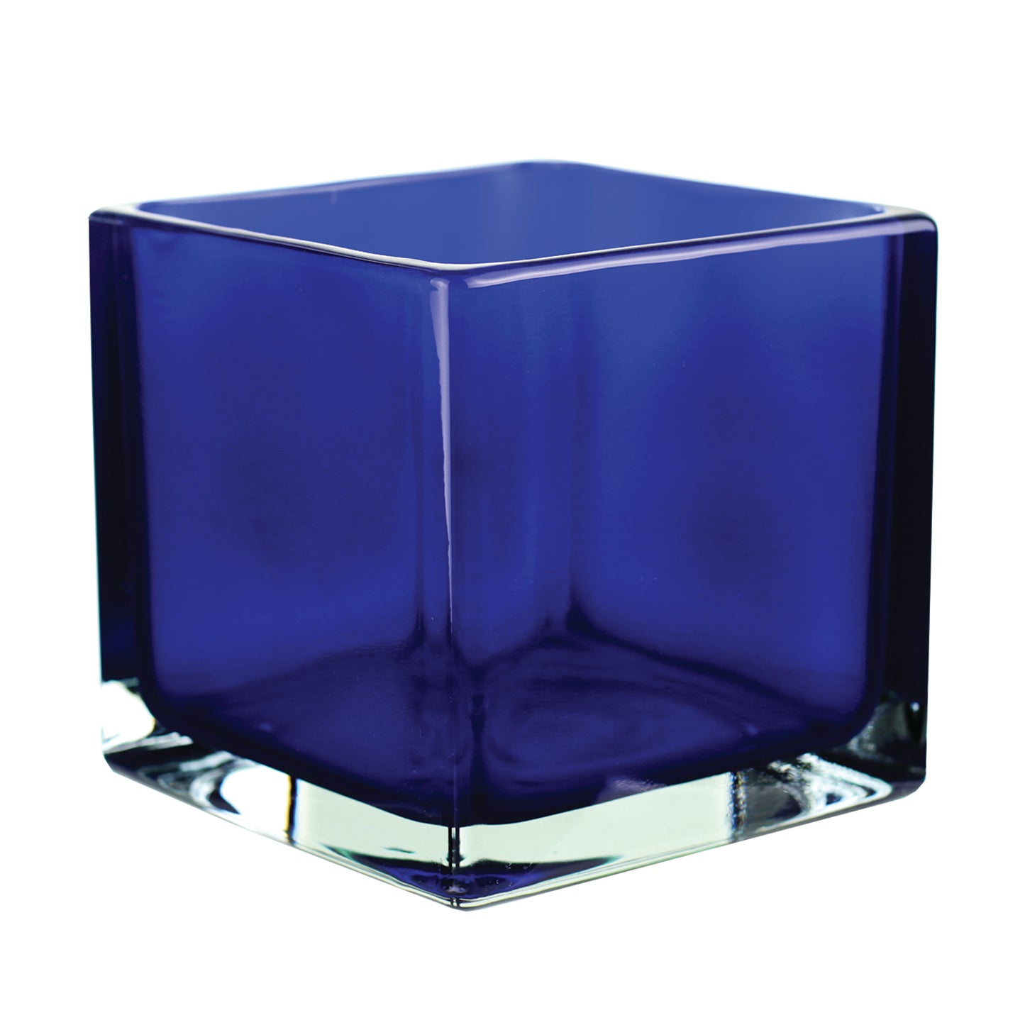 A square vases made of blue stained glass by 46 & Spruce.