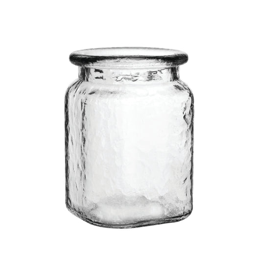 Clear hammered glass jar vase with a broad flat rim on a white background.