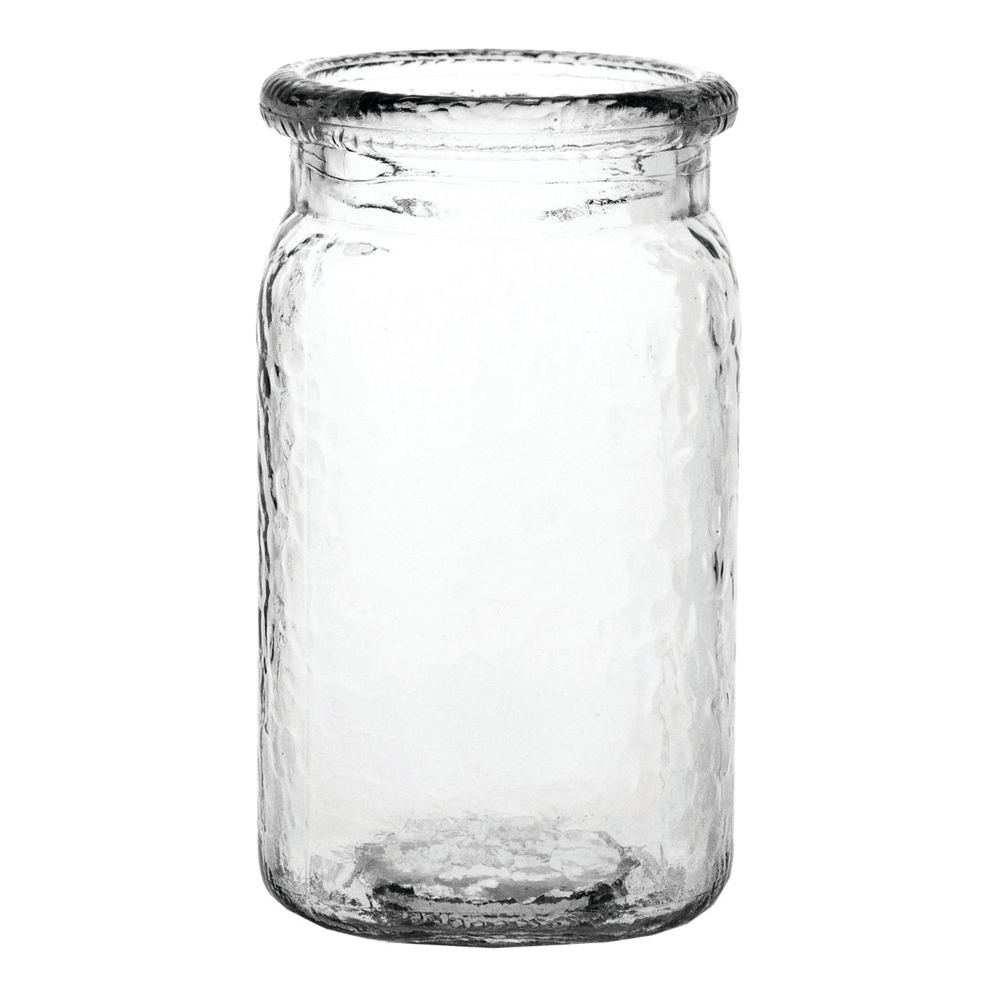 5.5 in Medium Transparent hammered-texture glass vase with a vintage-style rim, isolated on a white background.