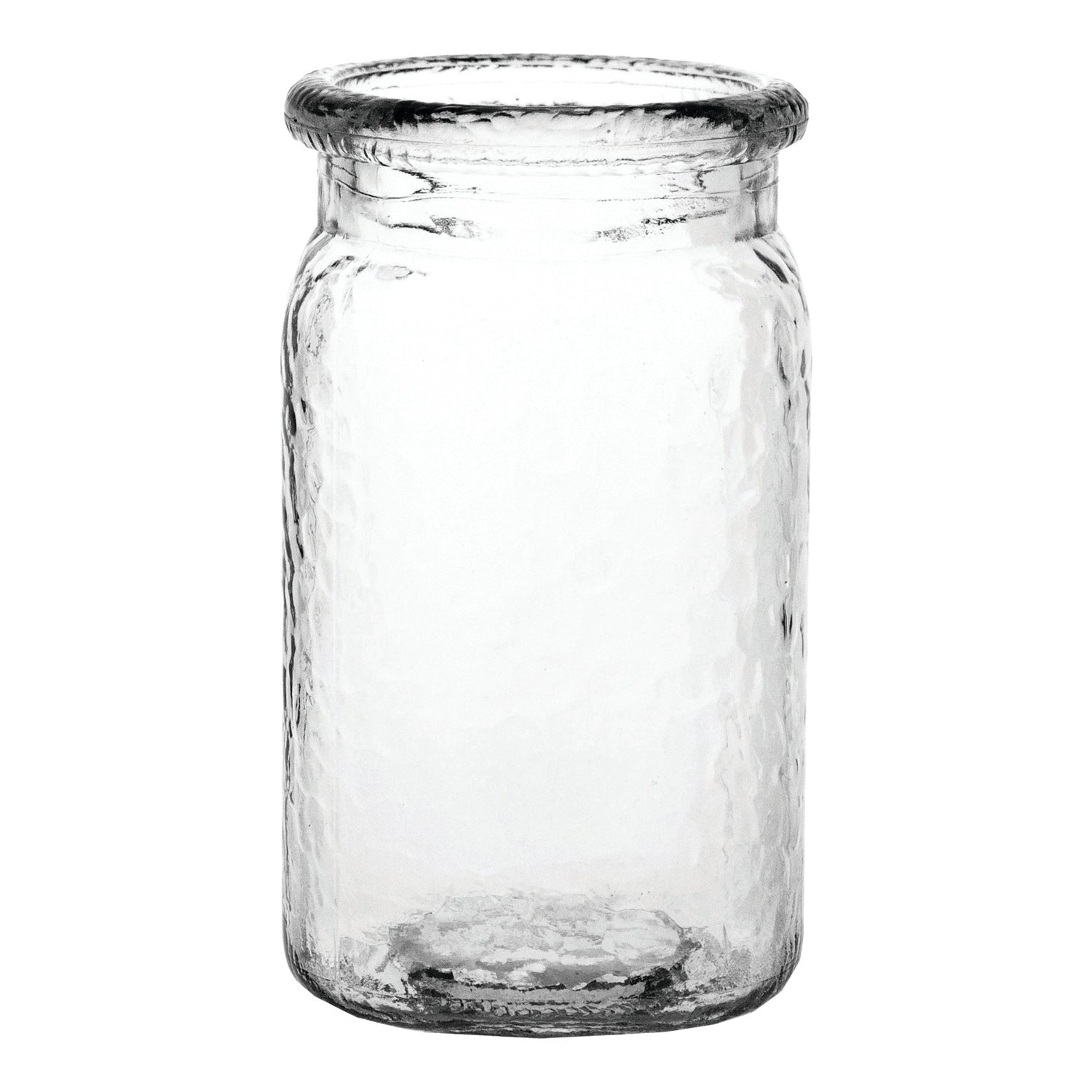 5.5 in Medium Transparent hammered-texture glass vase with a vintage-style rim, isolated on a white background.
