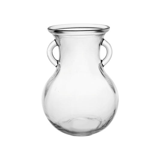 The Norah Vase is a transparent round-bellied vase with narrow neck and handles, empty