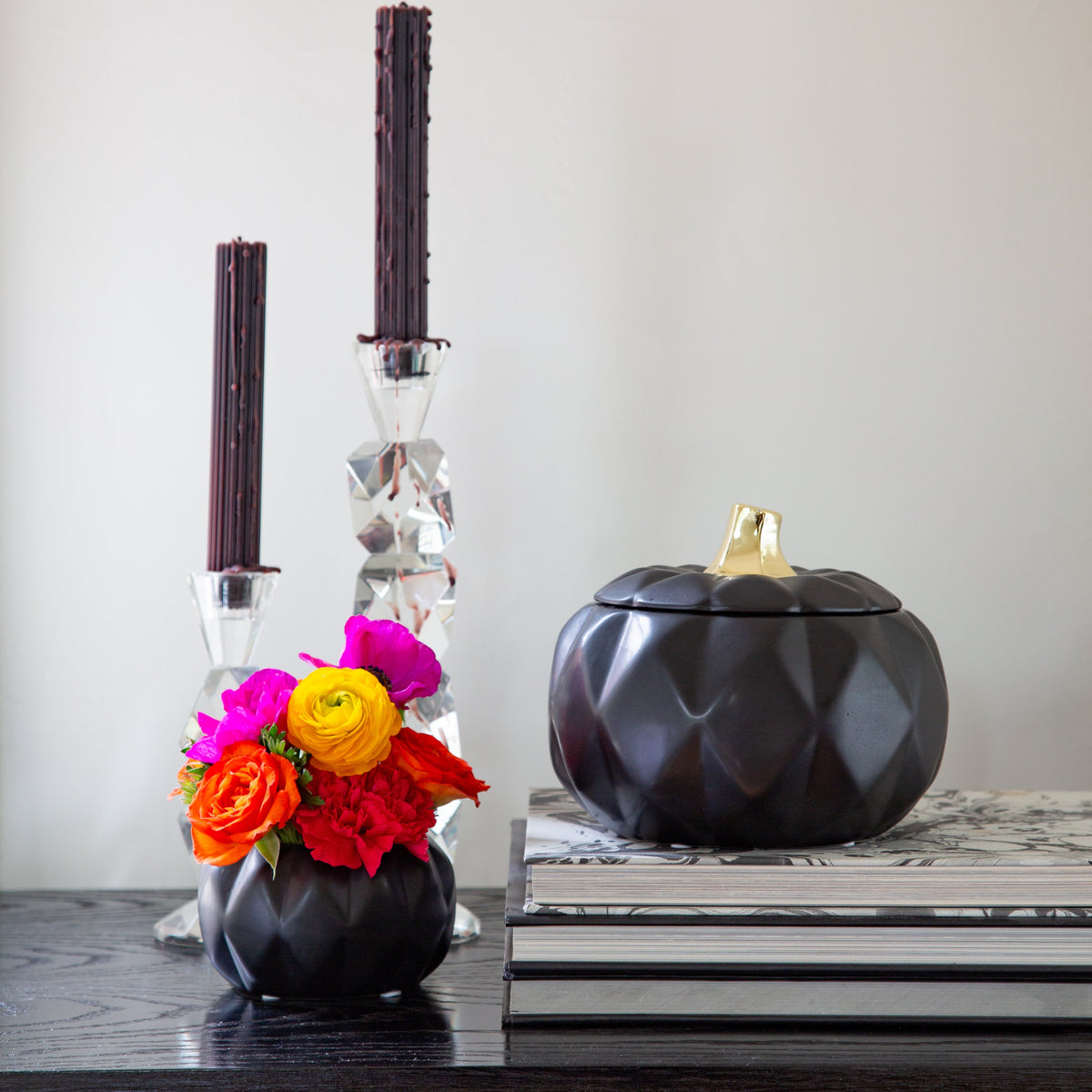 6 7/8" Pumpkin Container with Lid & Pick – Matte Black, Stardust, Butterscotch & White