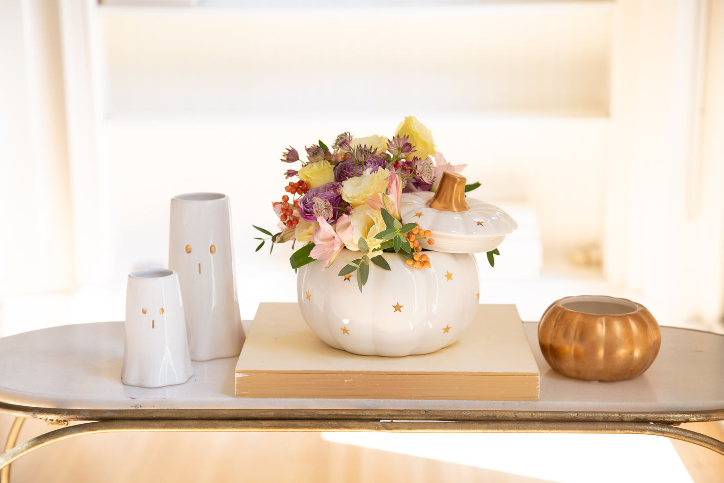 6 7/8" Pumpkin Container w/ Lid & Pick – Matte Black, Stardust, Butterscotch & White