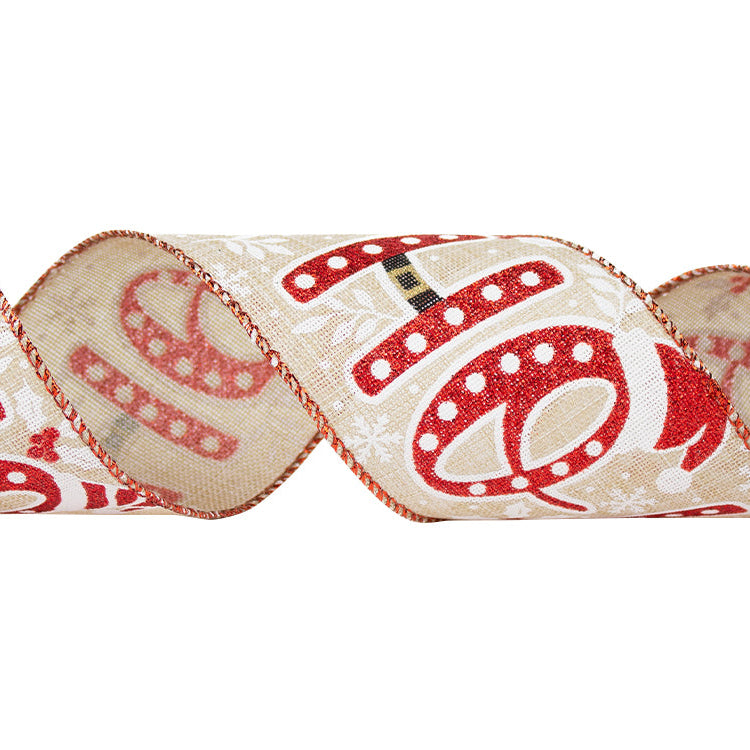 Wired Ho Ho Ho Ribbon – Red/Burlap, #40 - 2.5" (50 Yards)