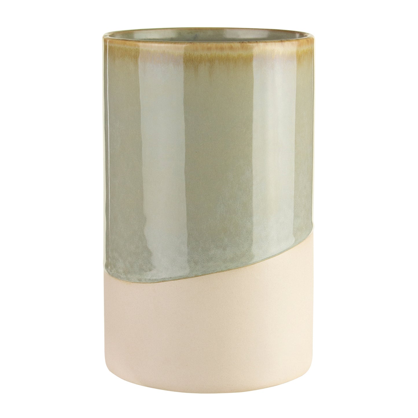 A beautiful 6.5 in ceramic essential vase with beige bottom and glossy green top.