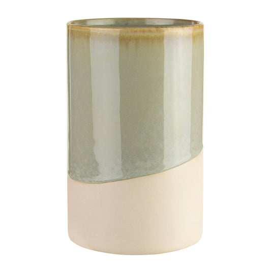 A beautiful 6.5 in ceramic essential vase with beige bottom and glossy green top.