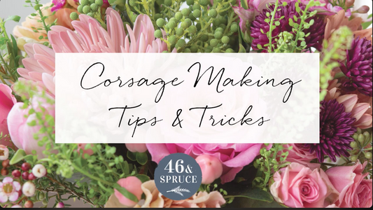 "Corsage Making Tips & Tricks" over a pink flower arrangement