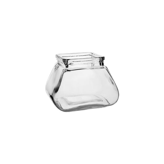 A 4 inch Rosie Posie square glass vase with smooth edges and square top.