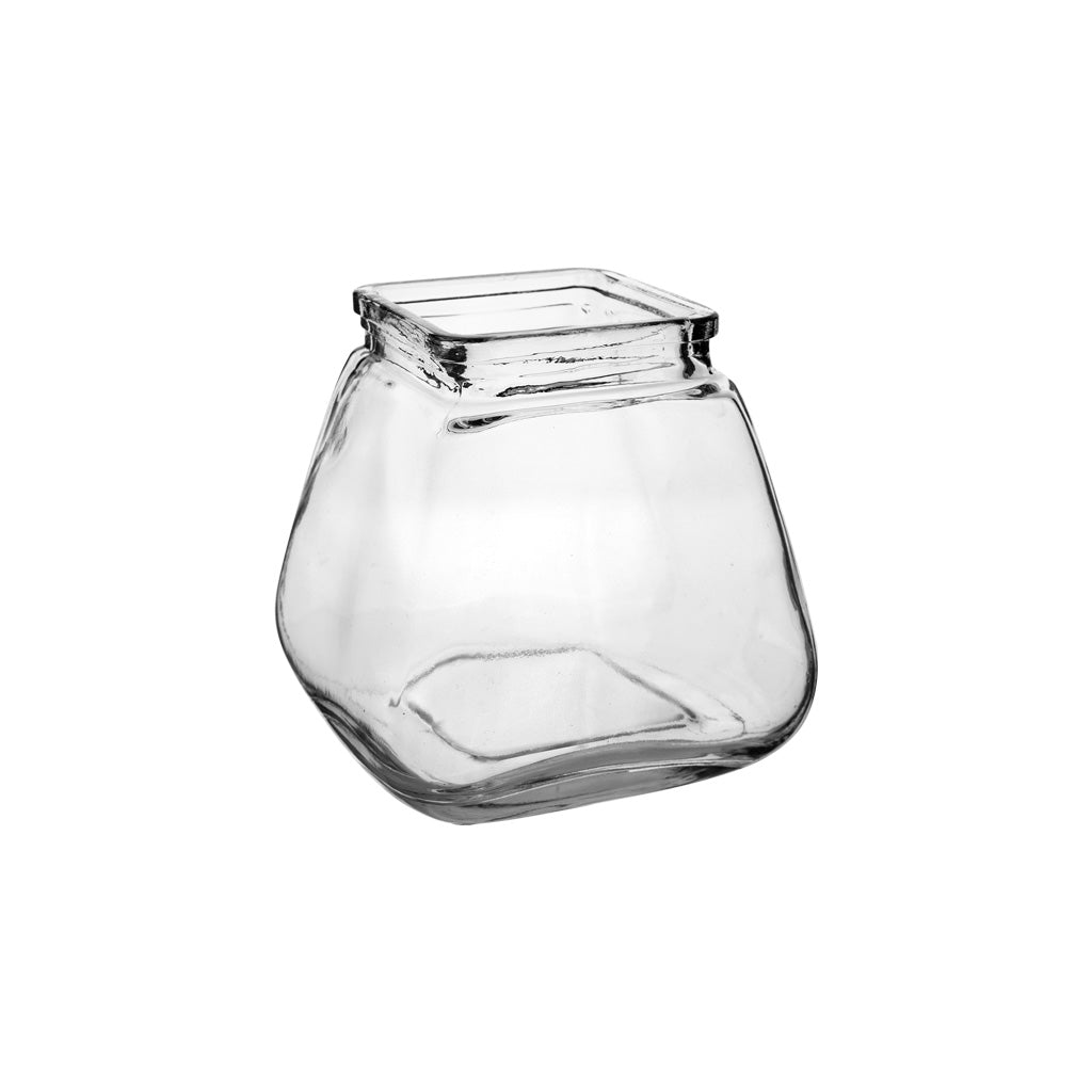 Empty Rosie Posie square glass vase with a distinctive bulging shape and open square top, against a white background.
