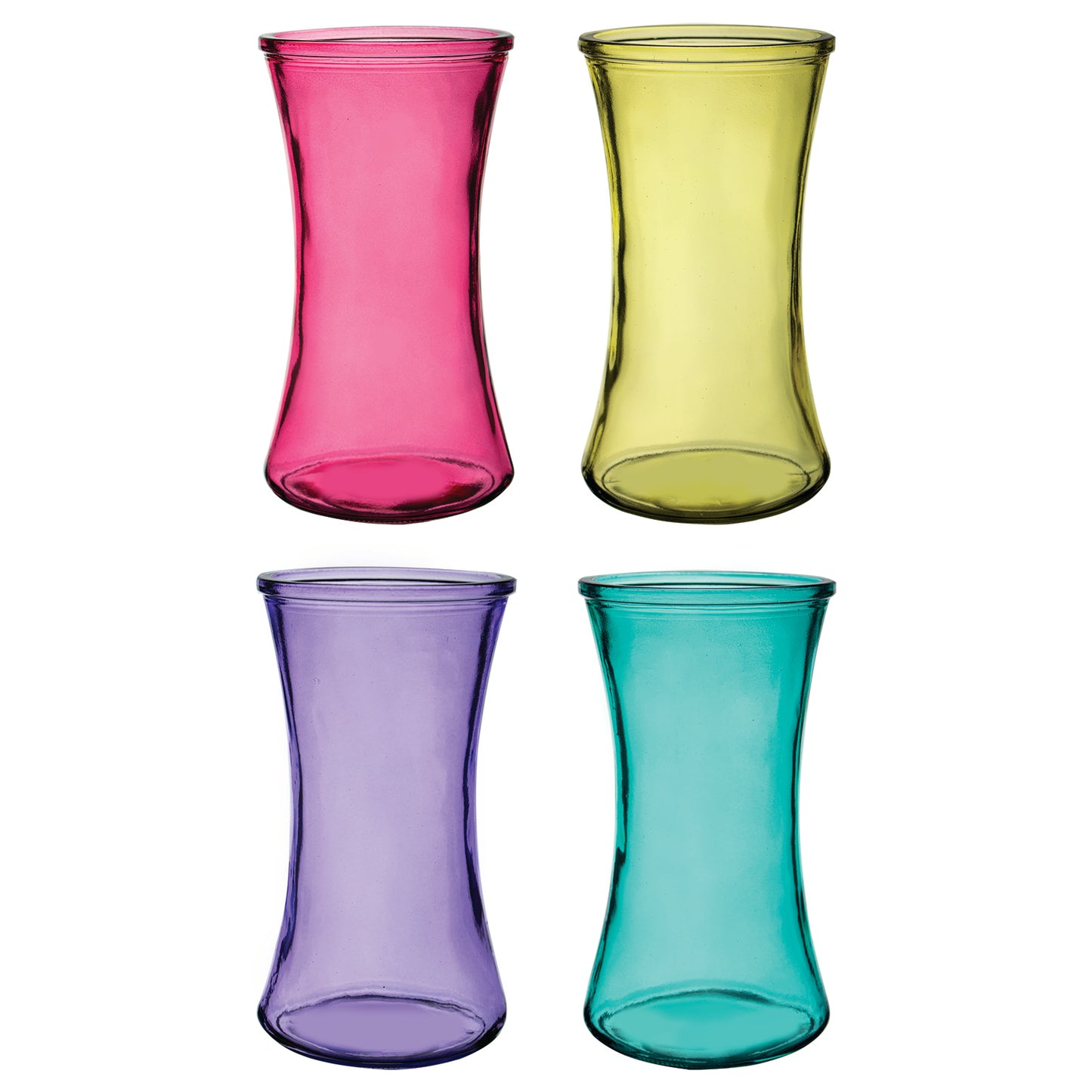 46 & Spruce colored lollipop assortment gathering vase set of 4, featuring vibrant pink, yellow, blue, and green glass vases, perfect for adding a pop of color to any floral arrangement.