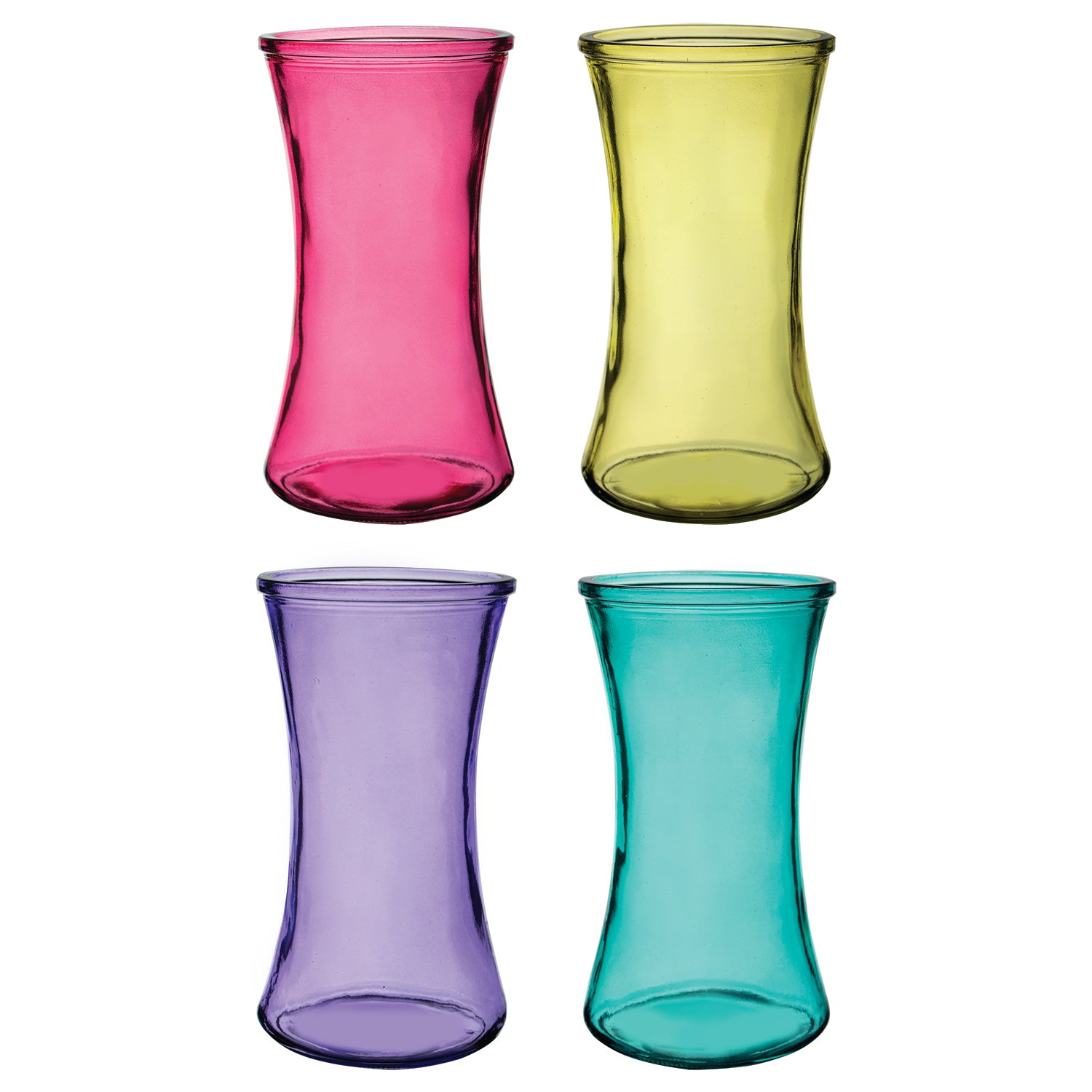 46 & Spruce colored lollipop assortment gathering vase set of 4, featuring vibrant pink, yellow, blue, and green glass vases, perfect for adding a pop of color to any floral arrangement.