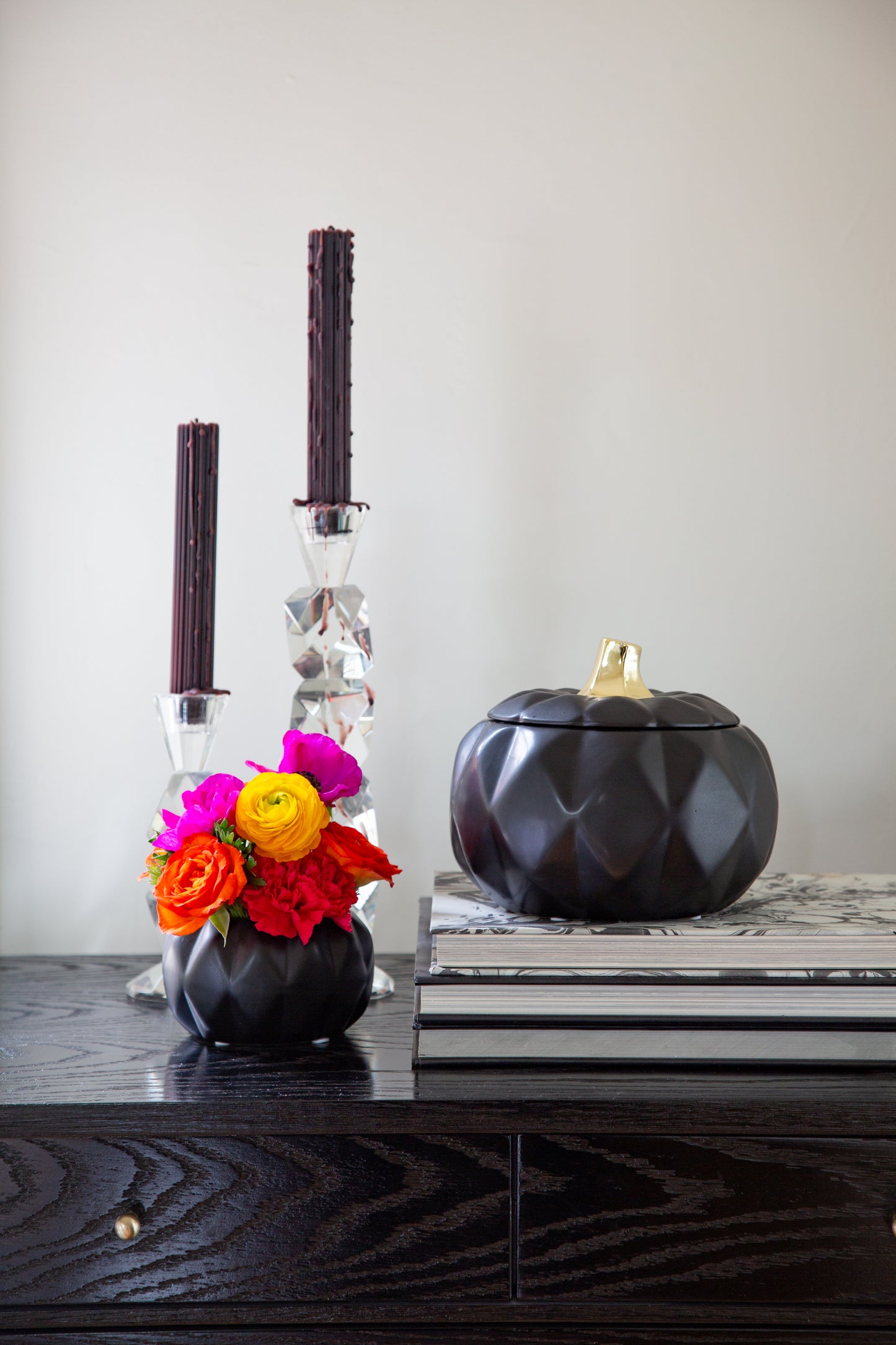 6 7/8" Pumpkin Container w/ Lid & Pick – Matte Black, Stardust, Butterscotch & White