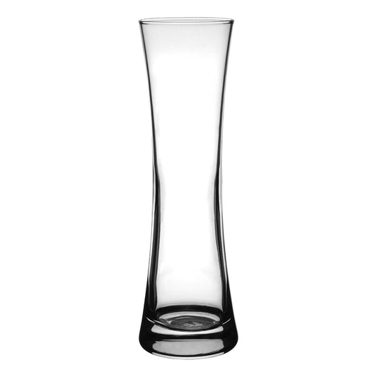 An empty Selena Glass Bud Vase with a clear and classic gathering shape, showcasing its simple elegance against a plain white background.