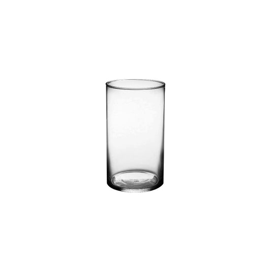 Sleek clear cylinder glass vase with a simple, elegant design, isolated on a white background.