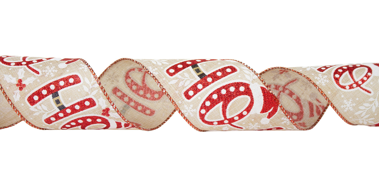 Wired Ho Ho Ho Ribbon – Red/Burlap, #40 - 2.5" (50 Yards)