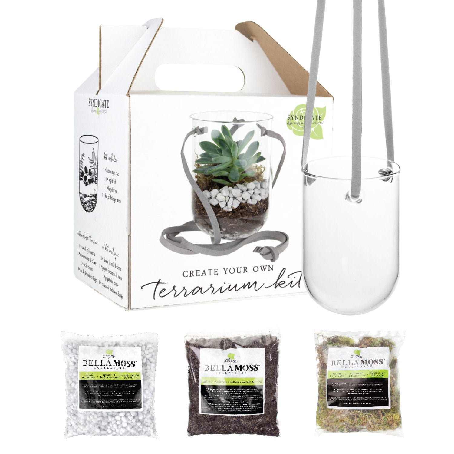 A hanging capsule terrarium kit that is cylindrical and comes with "Bella Moss" pebbles, soil, and other fillers and instructions to complete your kit.