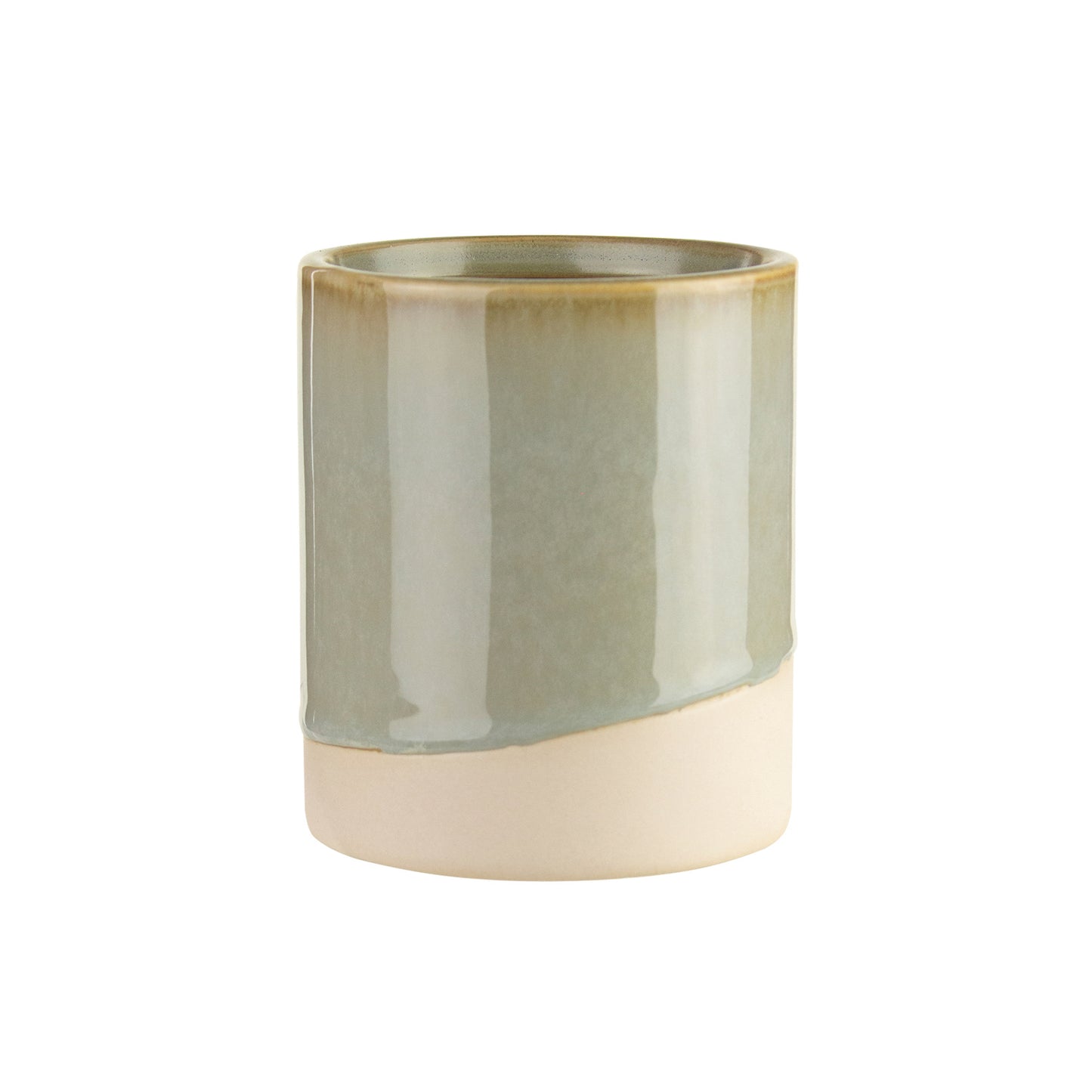 A 4-inch ceramic essential vase with a dual-tone design, featuring a glossy, glazed finish with vertical stripes in shades of pale green and a smooth matte blush pink base, isolated on a white background.
