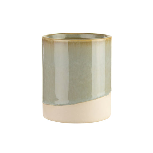 A 4-inch ceramic essential vase with a dual-tone design, featuring a glossy, glazed finish with vertical stripes in shades of pale green and a smooth matte blush pink base, isolated on a white background.