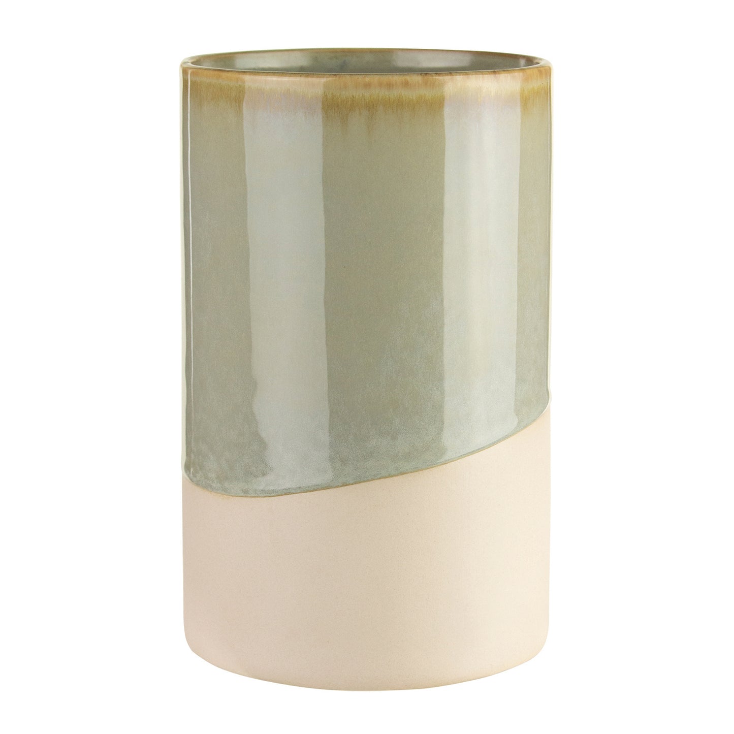 A beautiful 6.5 in ceramic essential vase with beige bottom and glossy green top. 